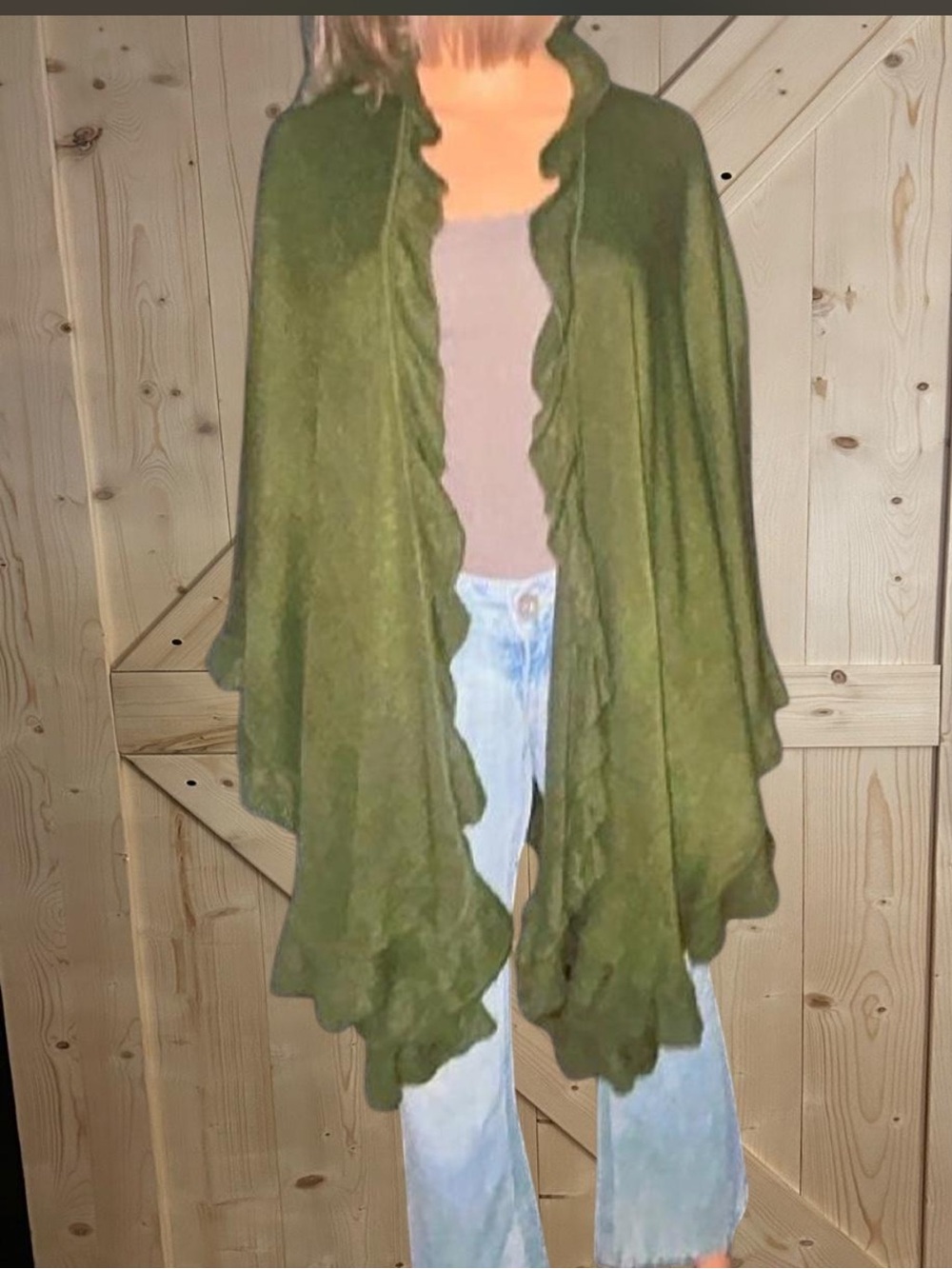 NWT April Marin Olive Green Cascade Ruffle Knit Poncho Shawl OS 🌿